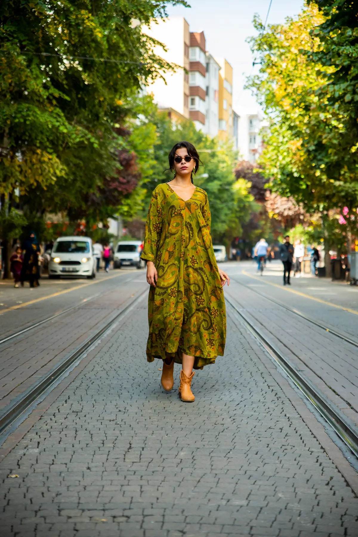 Yağ Yeşili Şal Desenli Keten Elbise