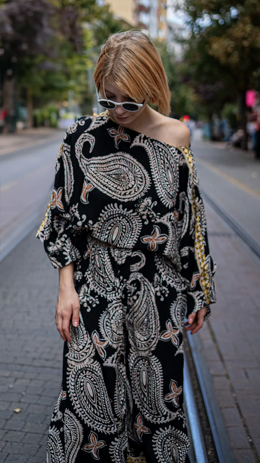 Şal Desenli İpek Takım Siyah