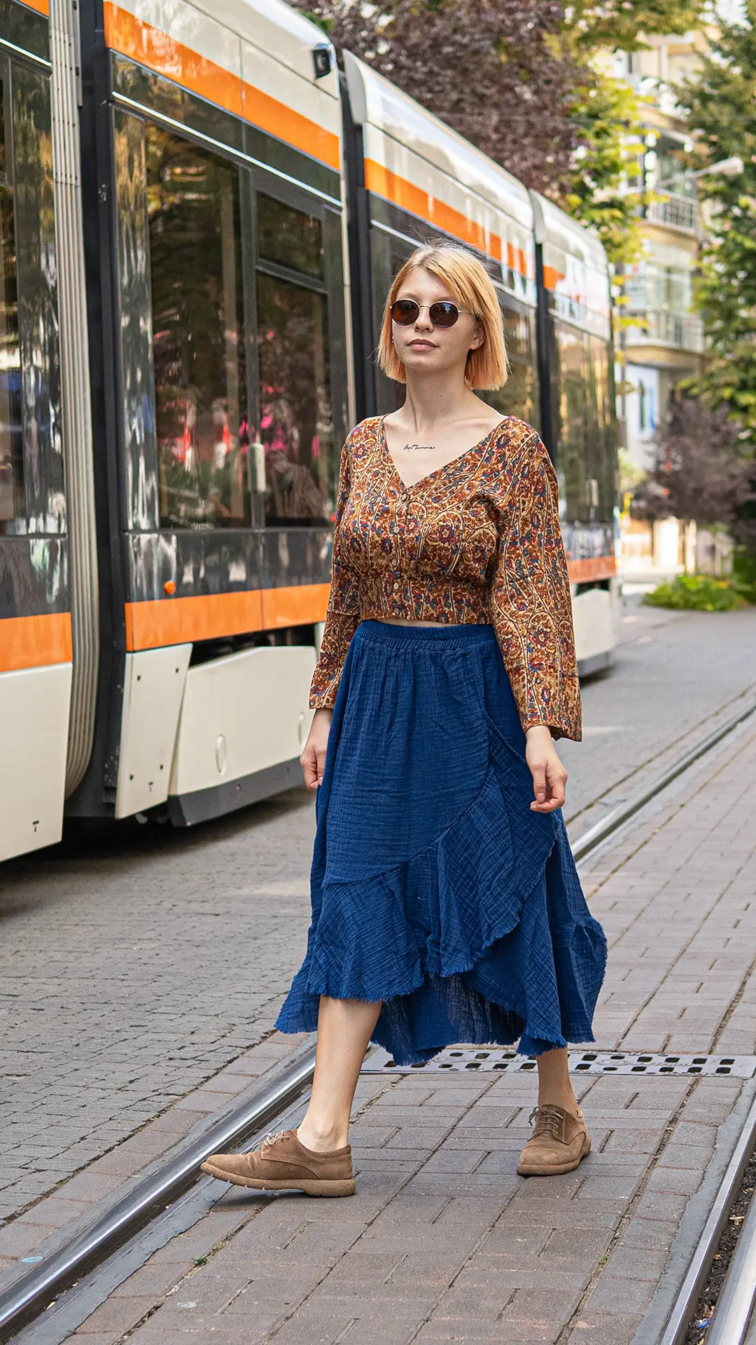 Uzun Kollu Desenli Bohem Bluz