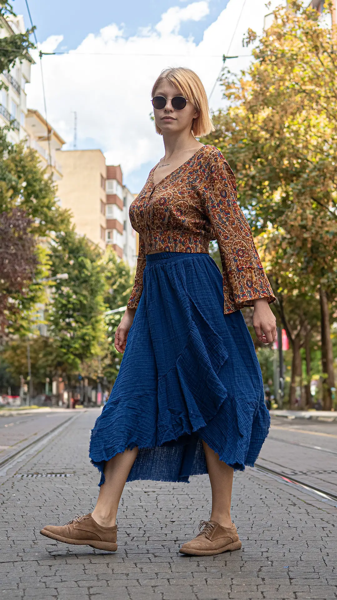 Uzun Kollu Desenli Bohem Bluz