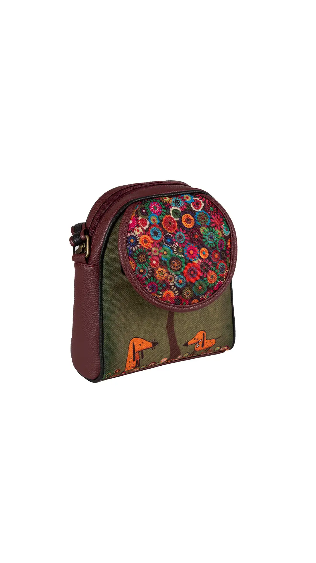 Köpekler Desenli Küçük Postacı Çanta (Bordo)