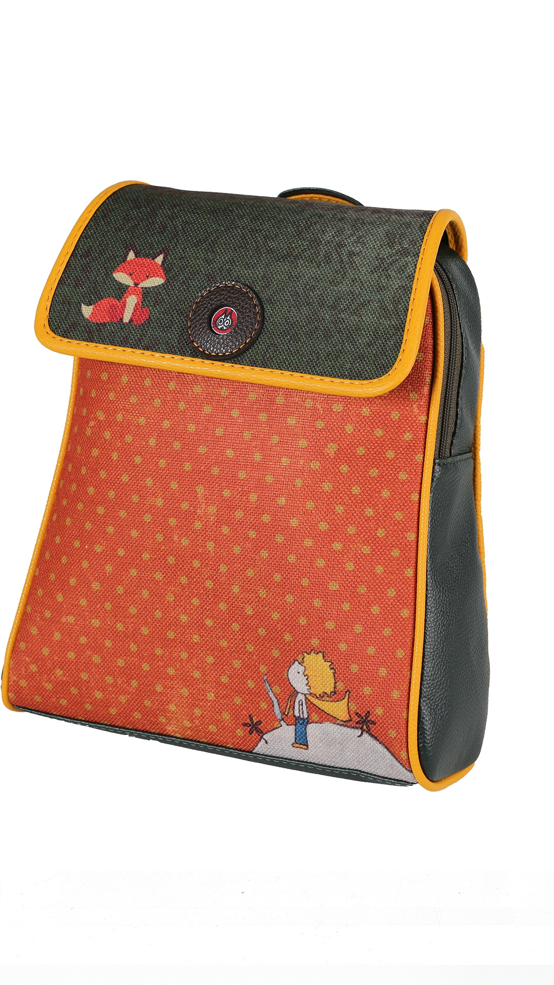 Küçük Prens ve Tilki Desenli Kapaklı Sırt Çantası (Yeşil)