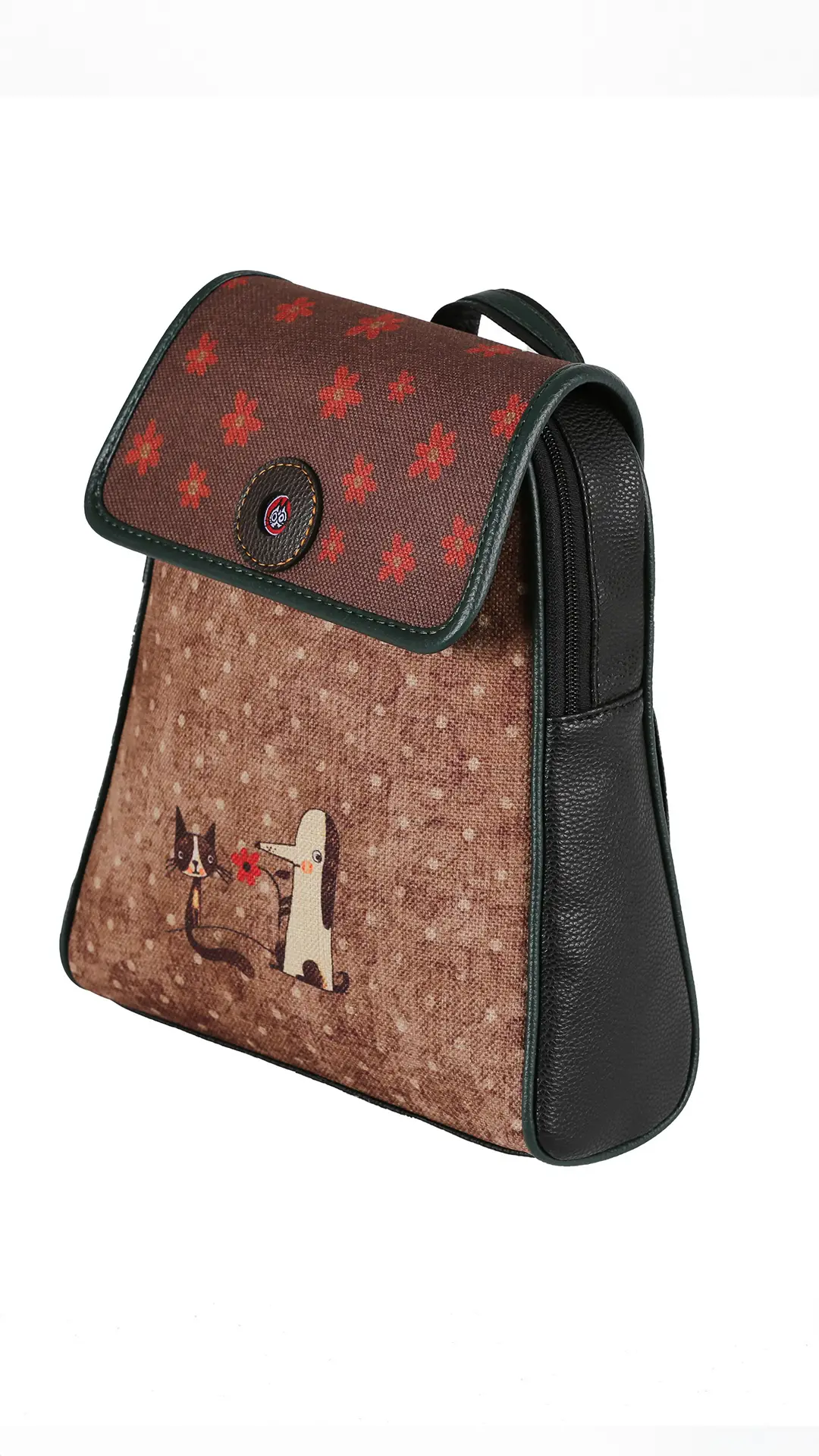 Fox ve Köpek Desenli Kapaklı Sırt Çantası (Siyah)