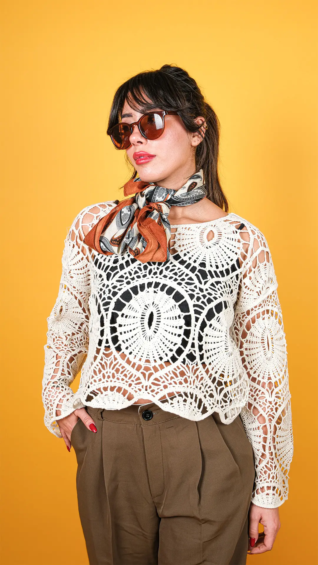 Krem Fileli Örgü Bluz