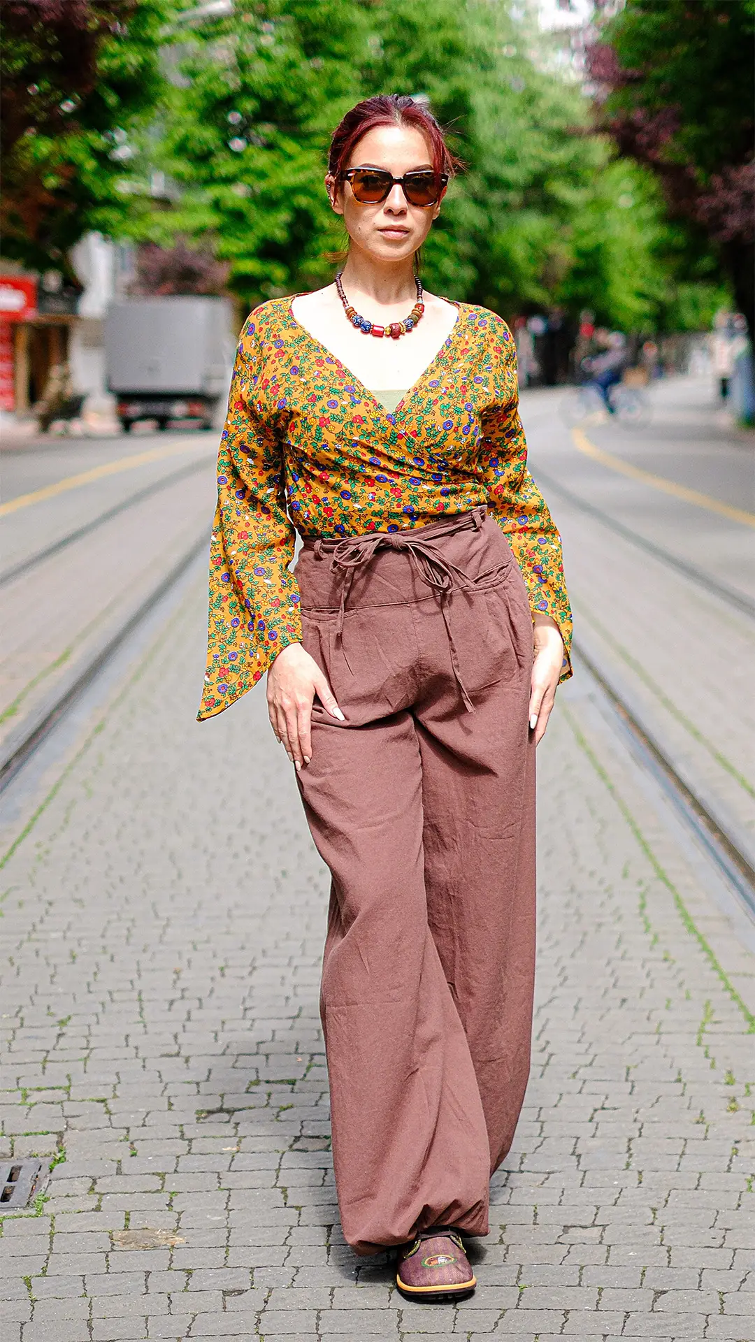 Kruvaze Çiçek Desenli Bluz