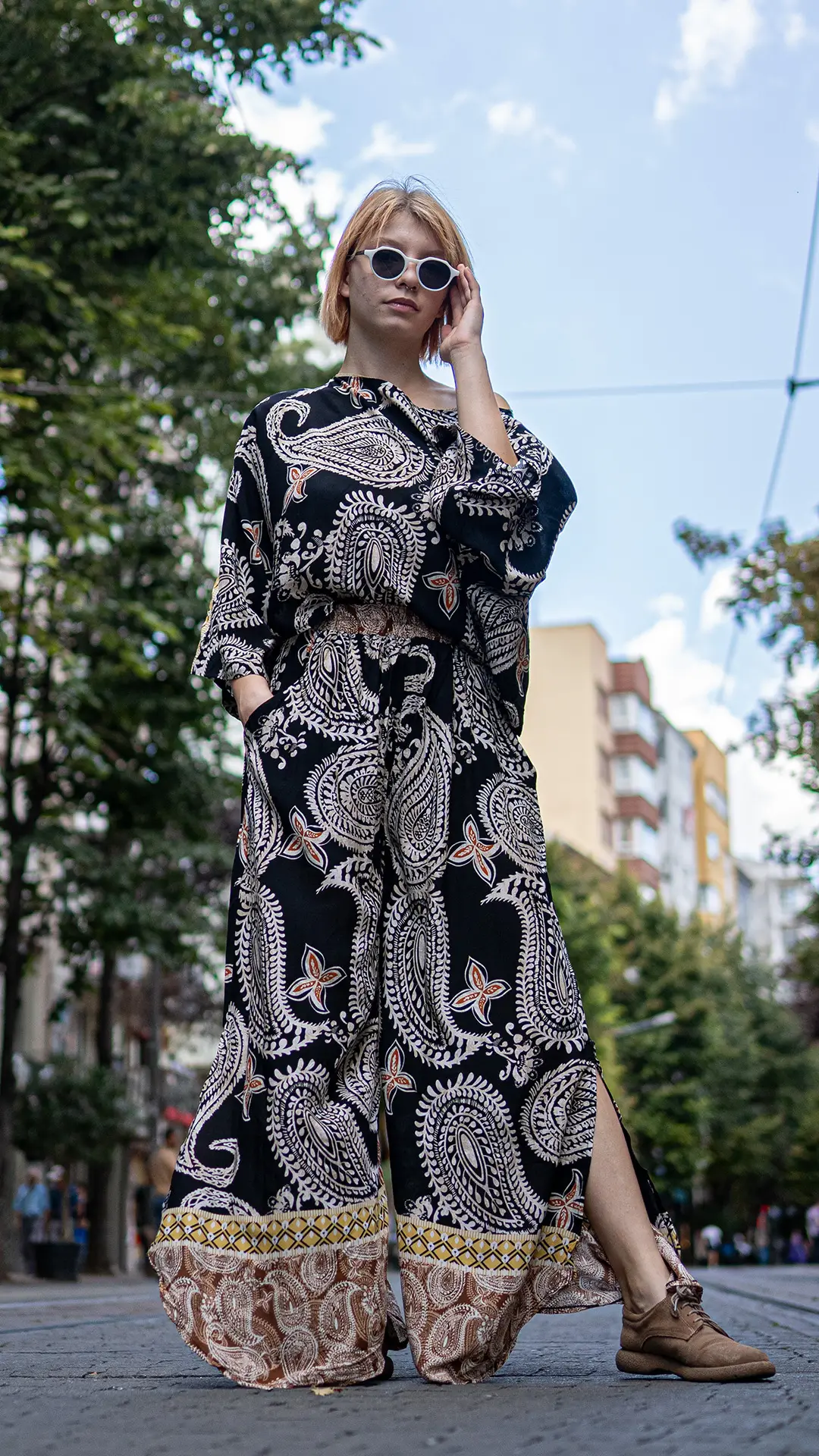 Şal Desenli İpek Takım Siyah