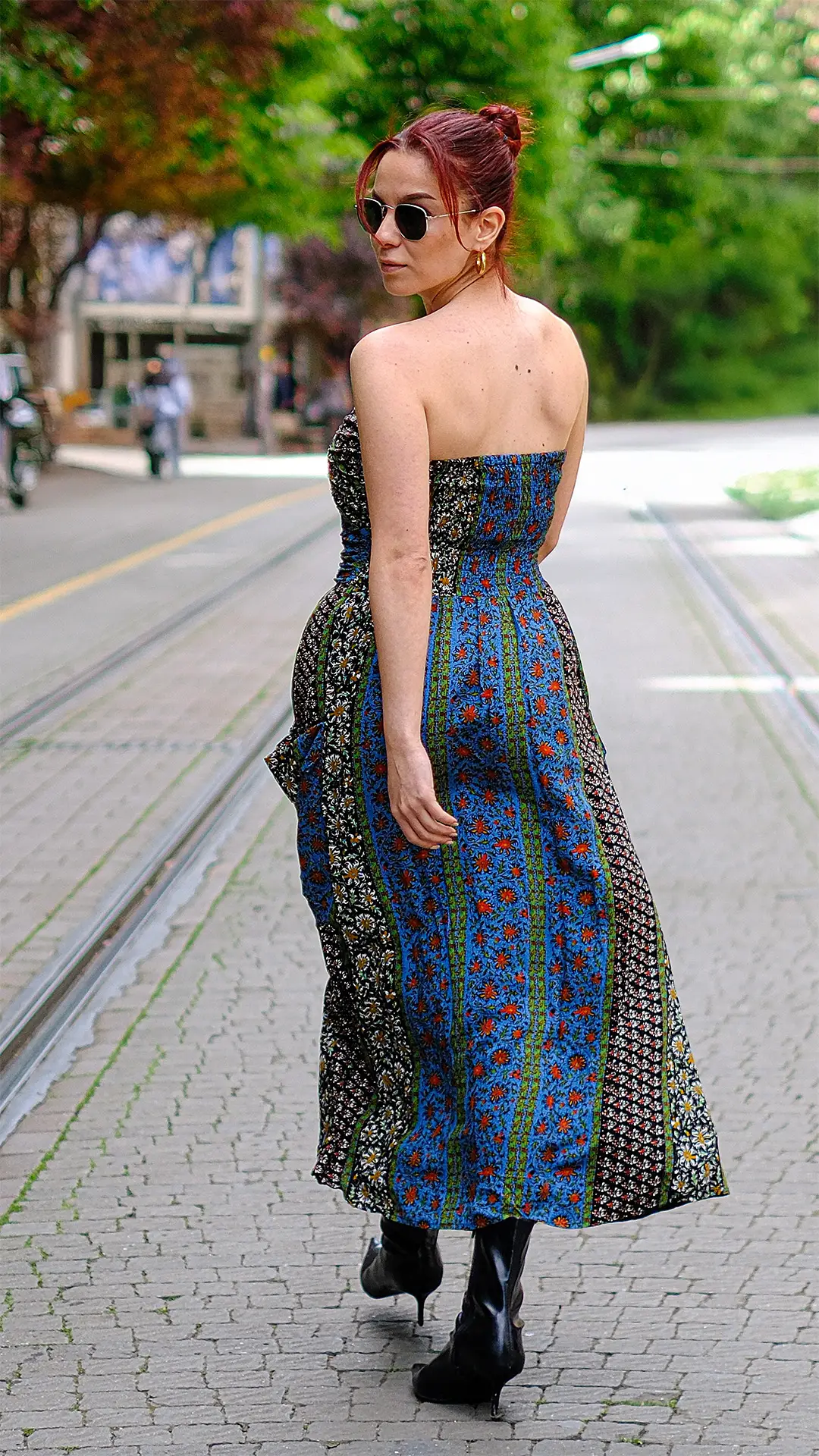 Straplez Desenli Kloş Elbise