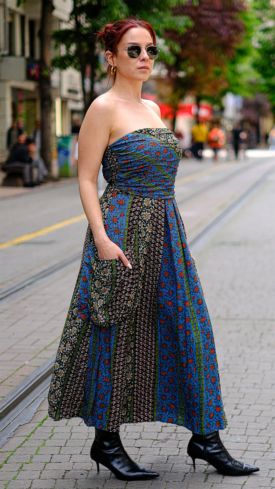 Straplez Desenli Kloş Elbise