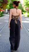 Çiçek İşlemeli Pantolon Siyah