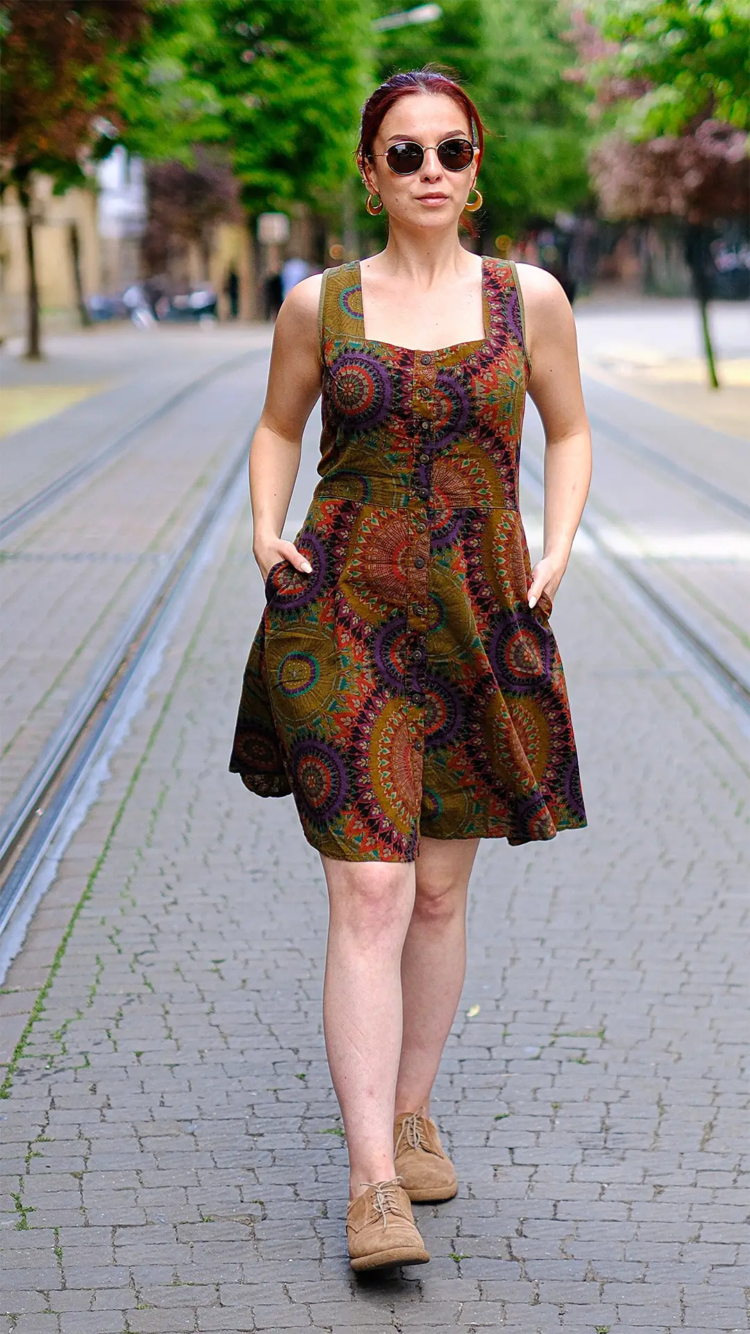 Geometrik Desenli Elbise Yeşil