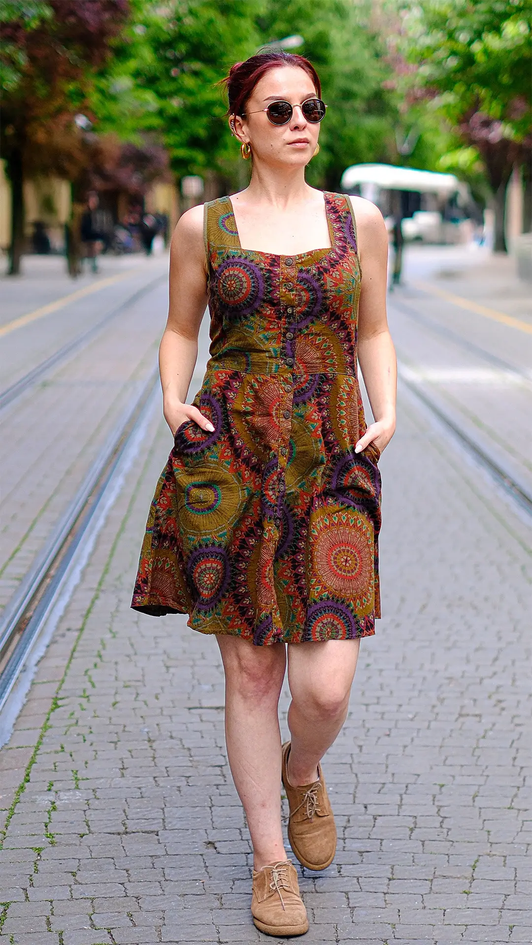 Geometrik Desenli Elbise Yeşil