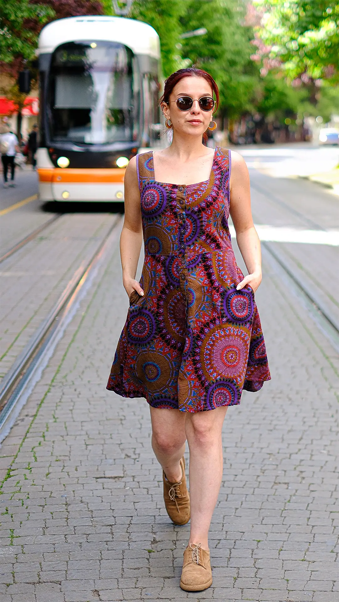 Geometrik Desenli Elbise Mor