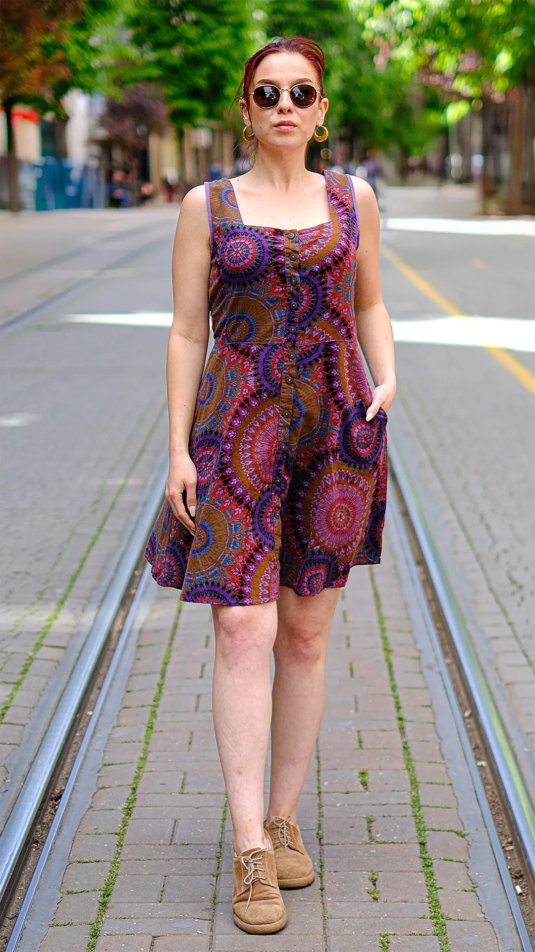 Geometrik Desenli Elbise Mor