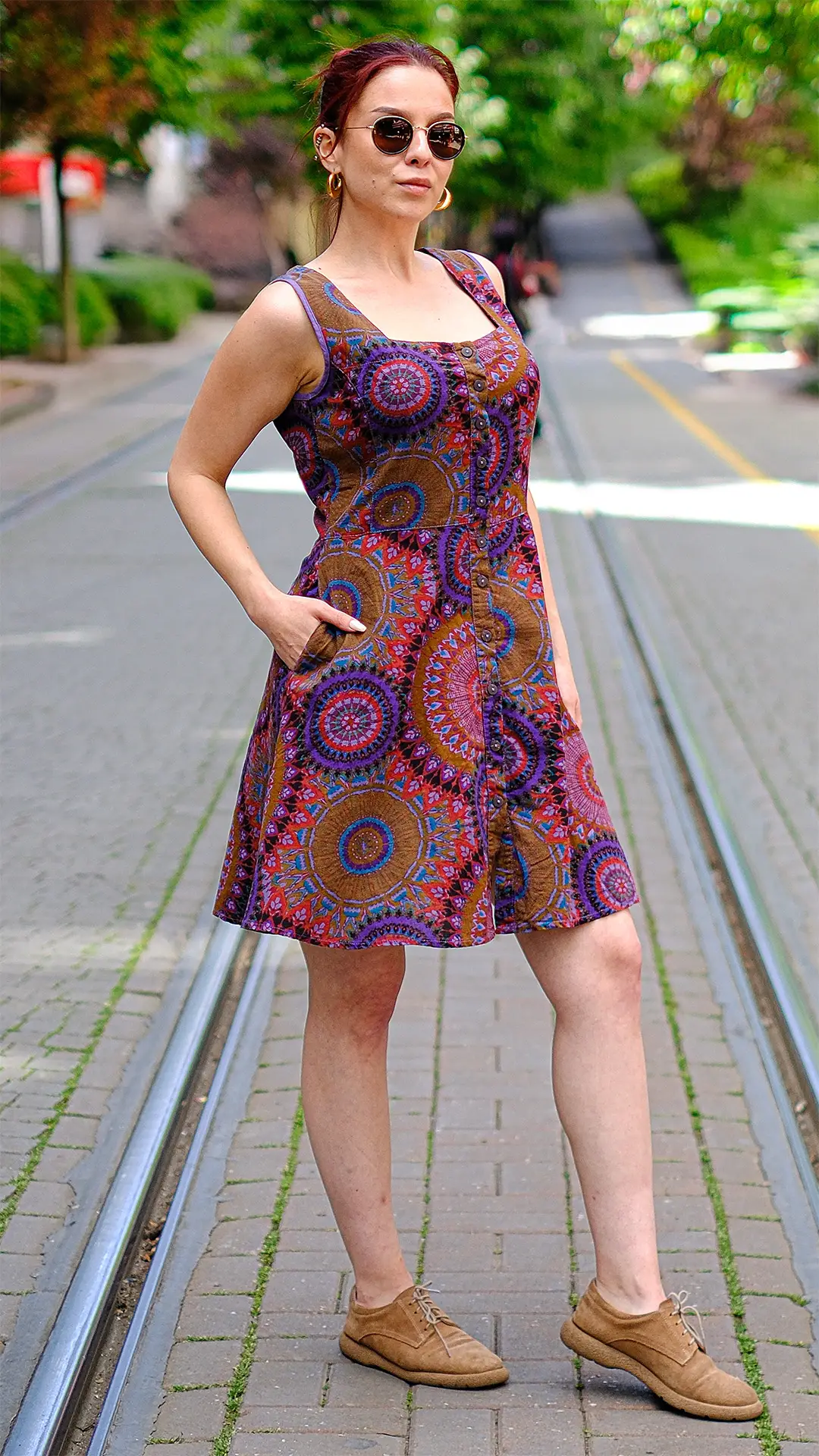 Geometrik Desenli Elbise Mor