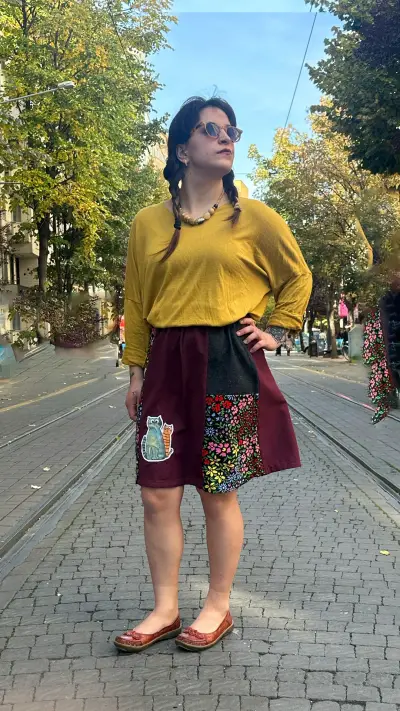 Kedi İşlemeli Tasarım Pazen Etek