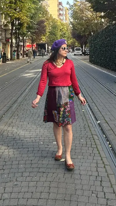 Kedi İşlemeli Tasarım Pazen Etek