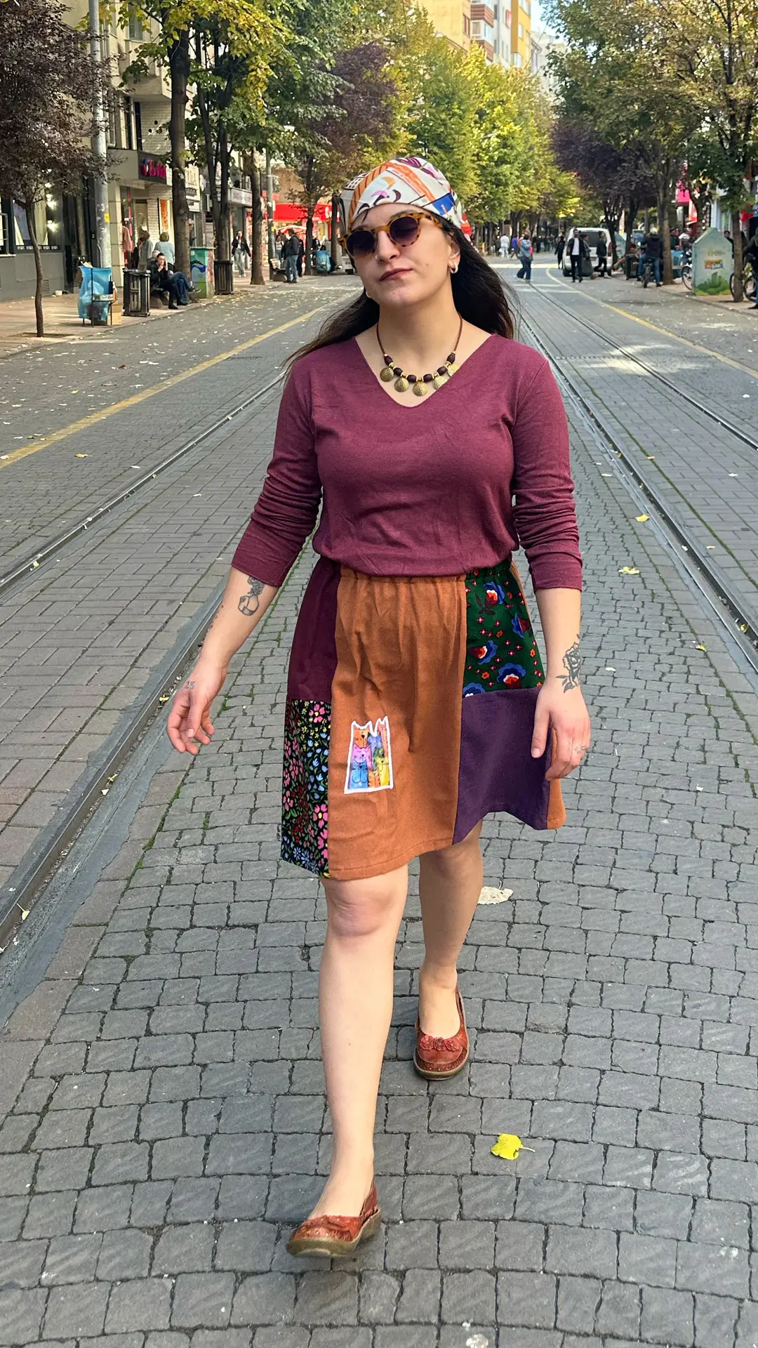 Kedi İşlemeli Tasarım Pazen Etek