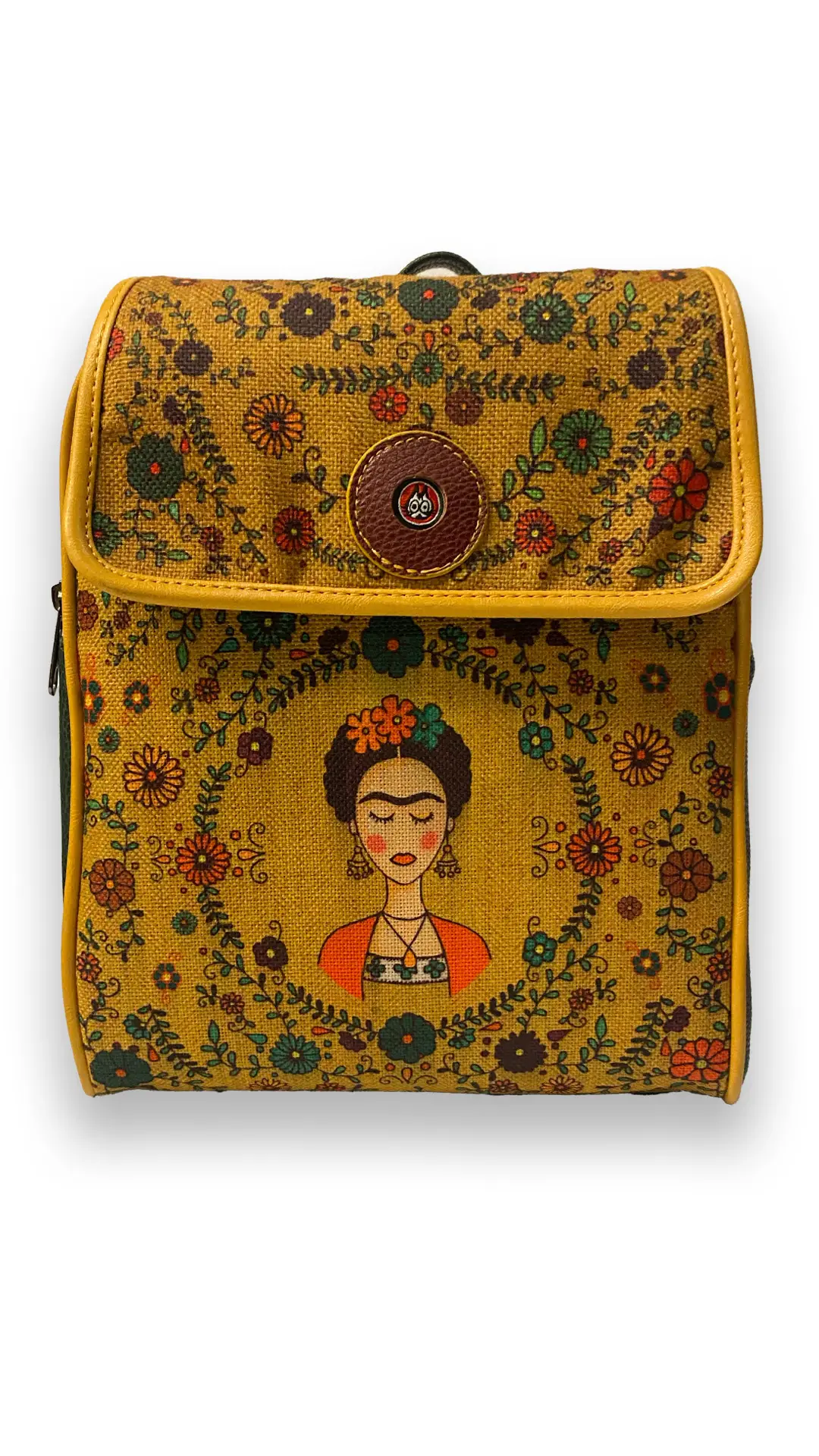 Çiçekli Frida Desenli Kapaklı Sırt Çantası (Kahve)