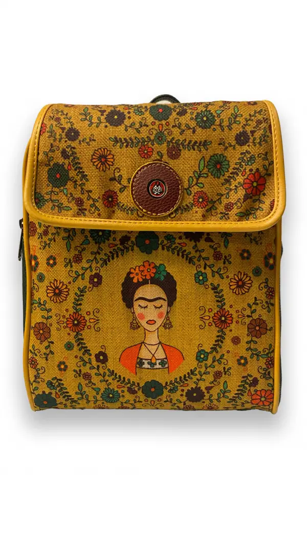 Çiçekli Frida Desenli Kapaklı Sırt Çantası (Kahve)