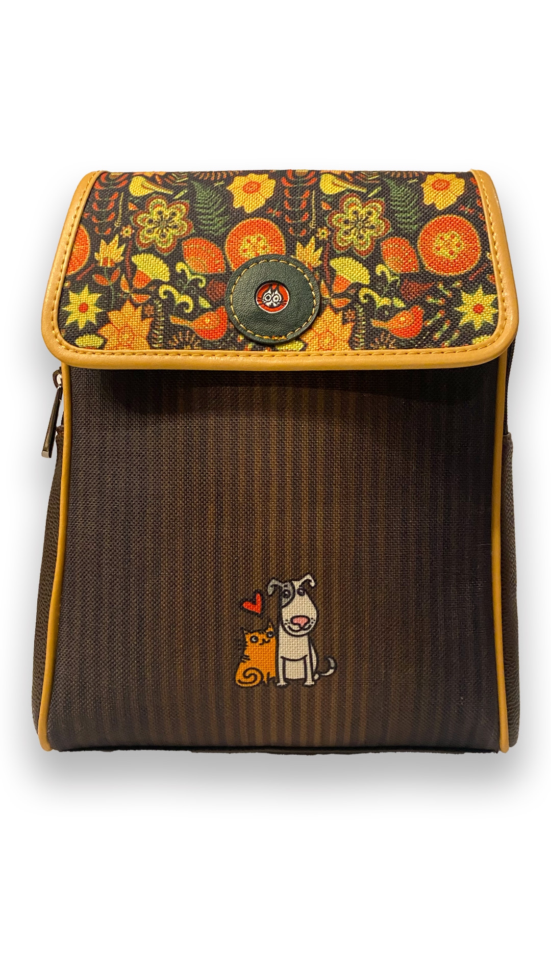 Kedi ve Köpek Desenli Kapaklı Sırt Çantası (Kahve)