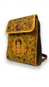 Çiçekli Frida Desenli Kapaklı Sırt Çantası (Kahve)