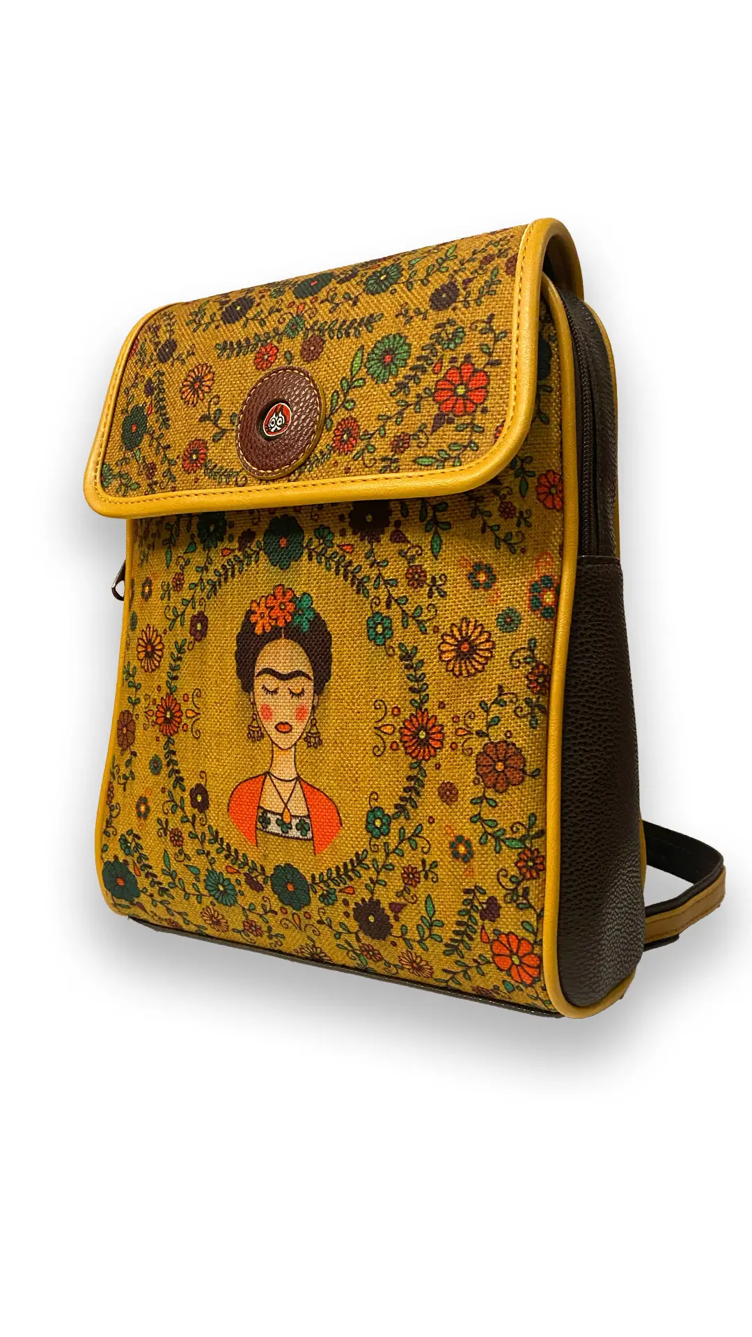 Çiçekli Frida Desenli Kapaklı Sırt Çantası (Kahve)
