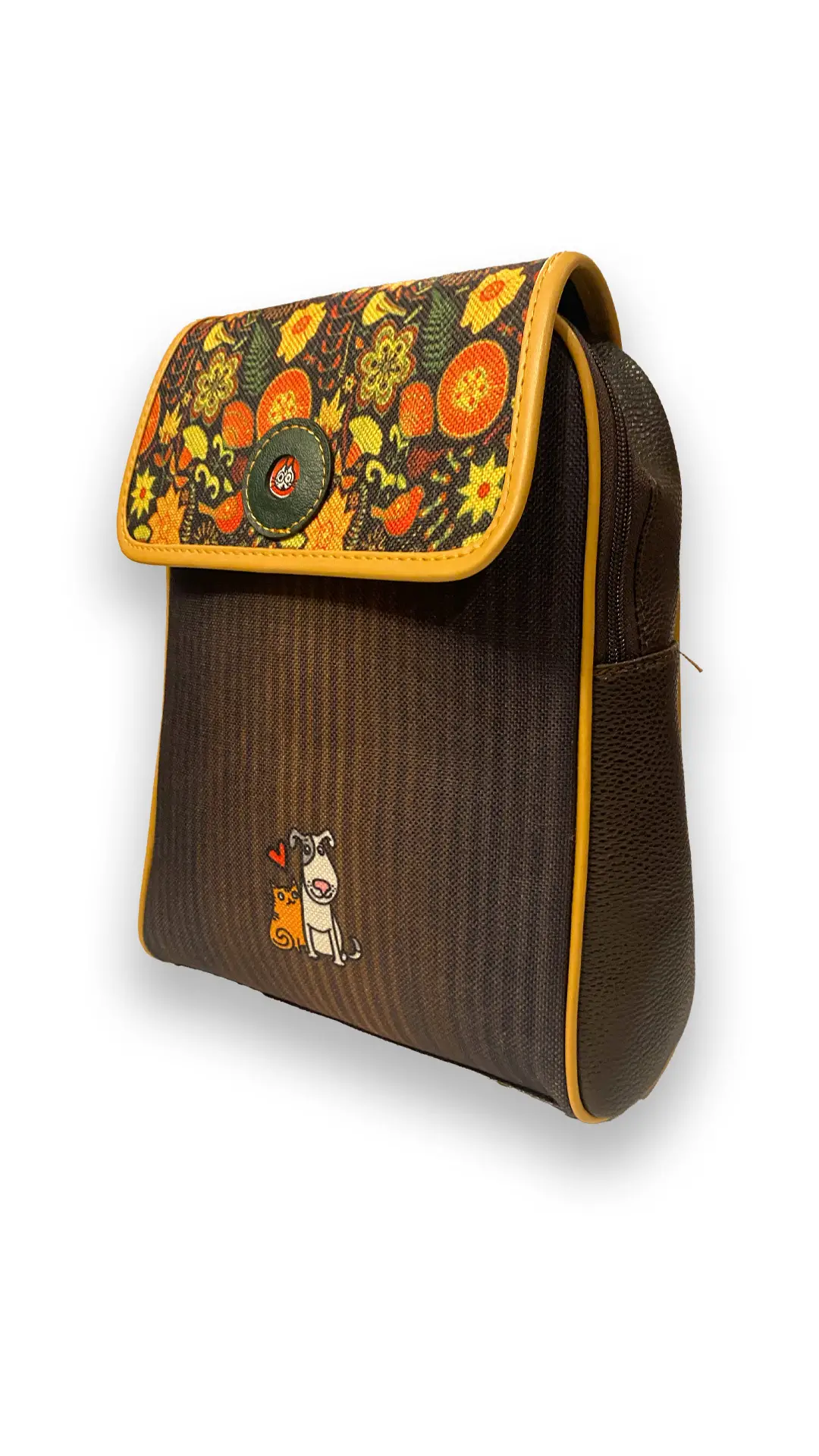 Kedi ve Köpek Desenli Kapaklı Sırt Çantası (Kahve)